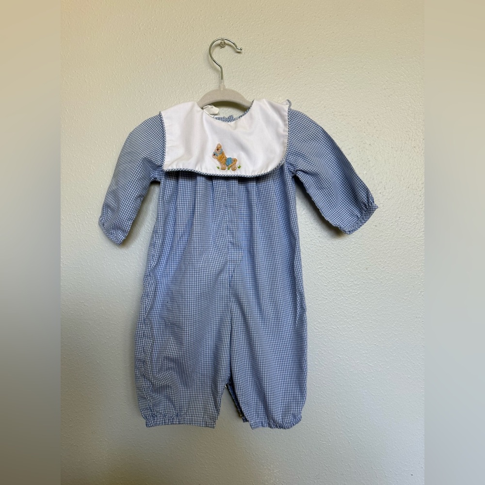 Bailey Boys Blue Gingham Baby Bubble Romper with Embroidered Bib